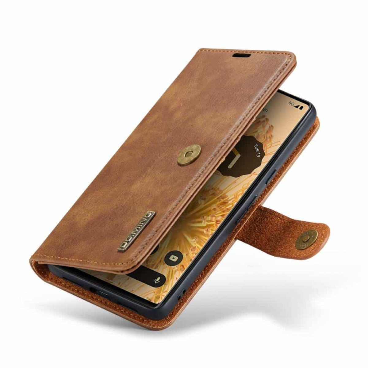 Braune Leder-Handyhülle, geöffnet, zeigt ein Telefon.