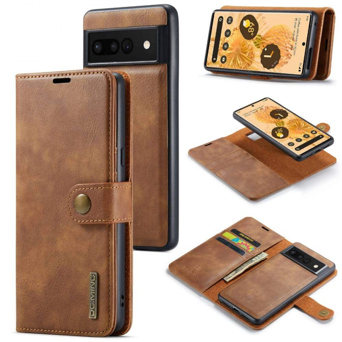 Braune Leder-Handyhülle, mehrere Ansichten. Telefon mit eingeschaltetem Bildschirm. Kartenfächer und Knopf.