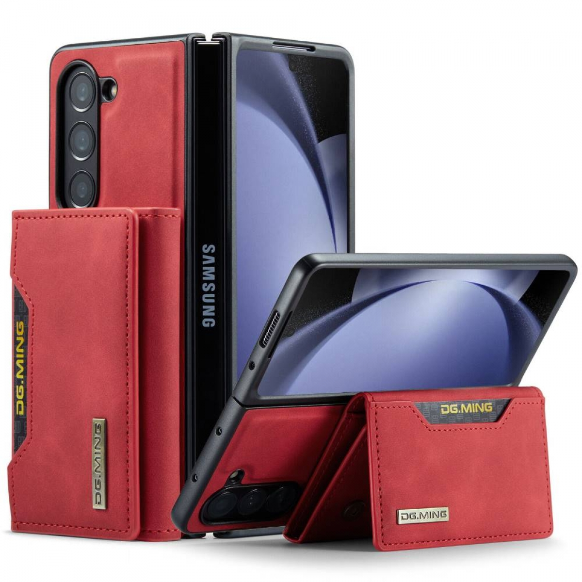 Rote Handyhüllen mit Telefon darin. Enthält eine Brieftaschenhülle und einen Kartenhalter.