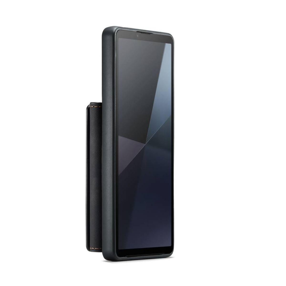 Smartphone mit Hülle, aufrecht stehend. Schwarzes Telefon mit schwarzer Lederhülle links.