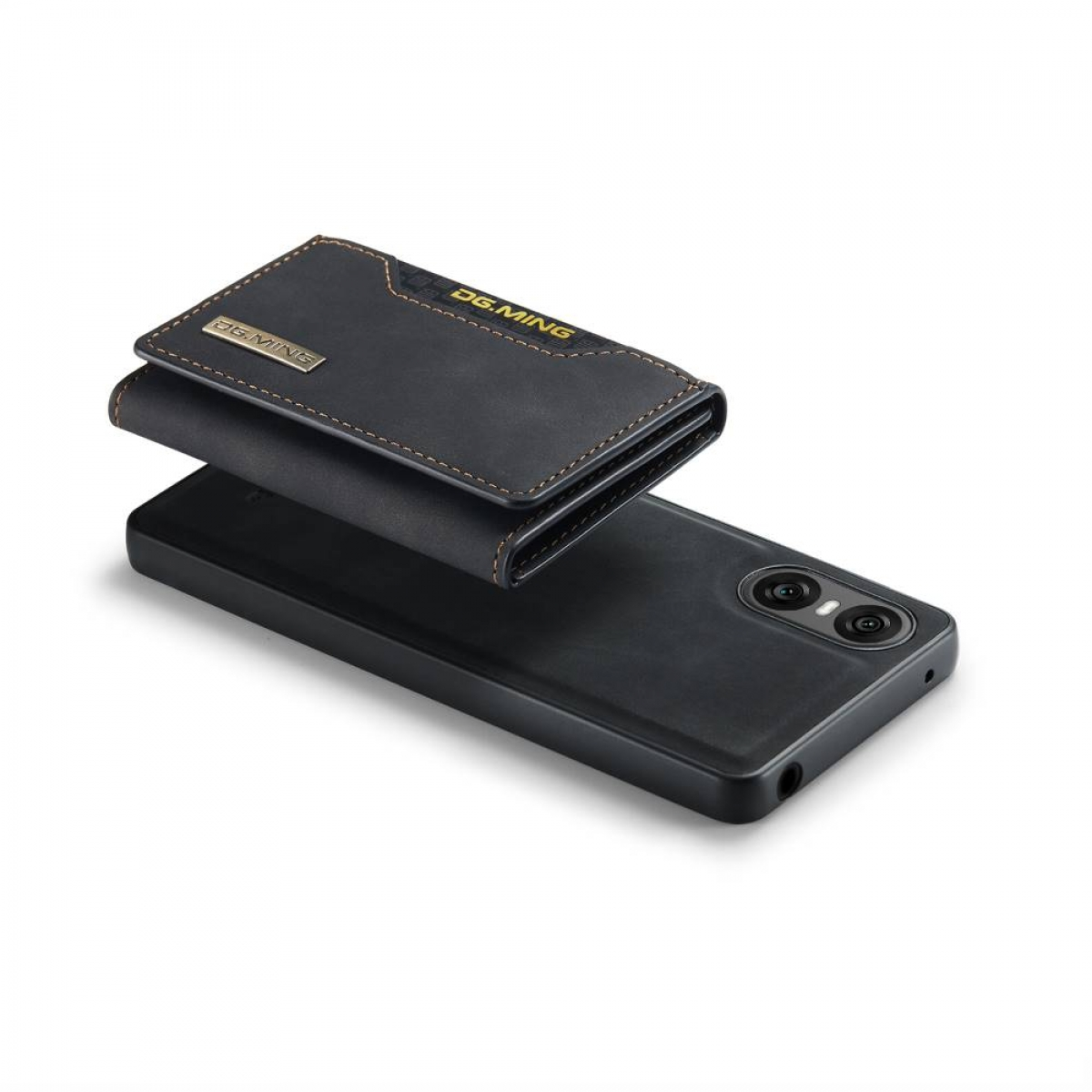 Ein schwarzes Telefon und eine Brieftasche. Das Etui ist schwarz mit braunen Nähten und goldenem Logo.