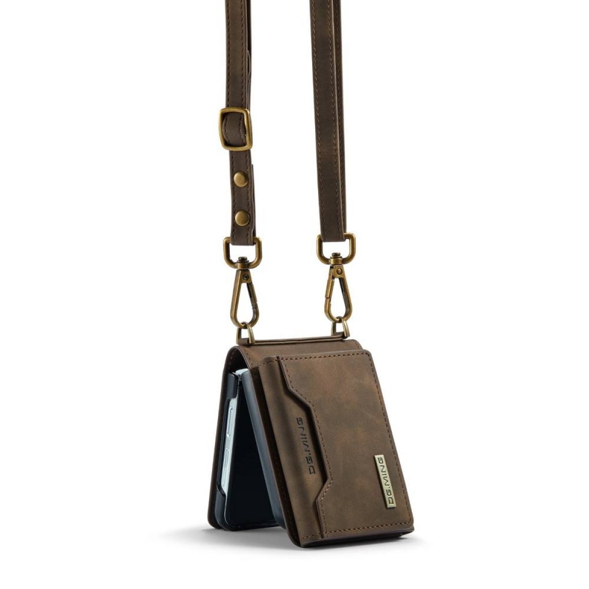 Braune Leder-Handyhülle mit Riemen, die ein Telefon hält.
