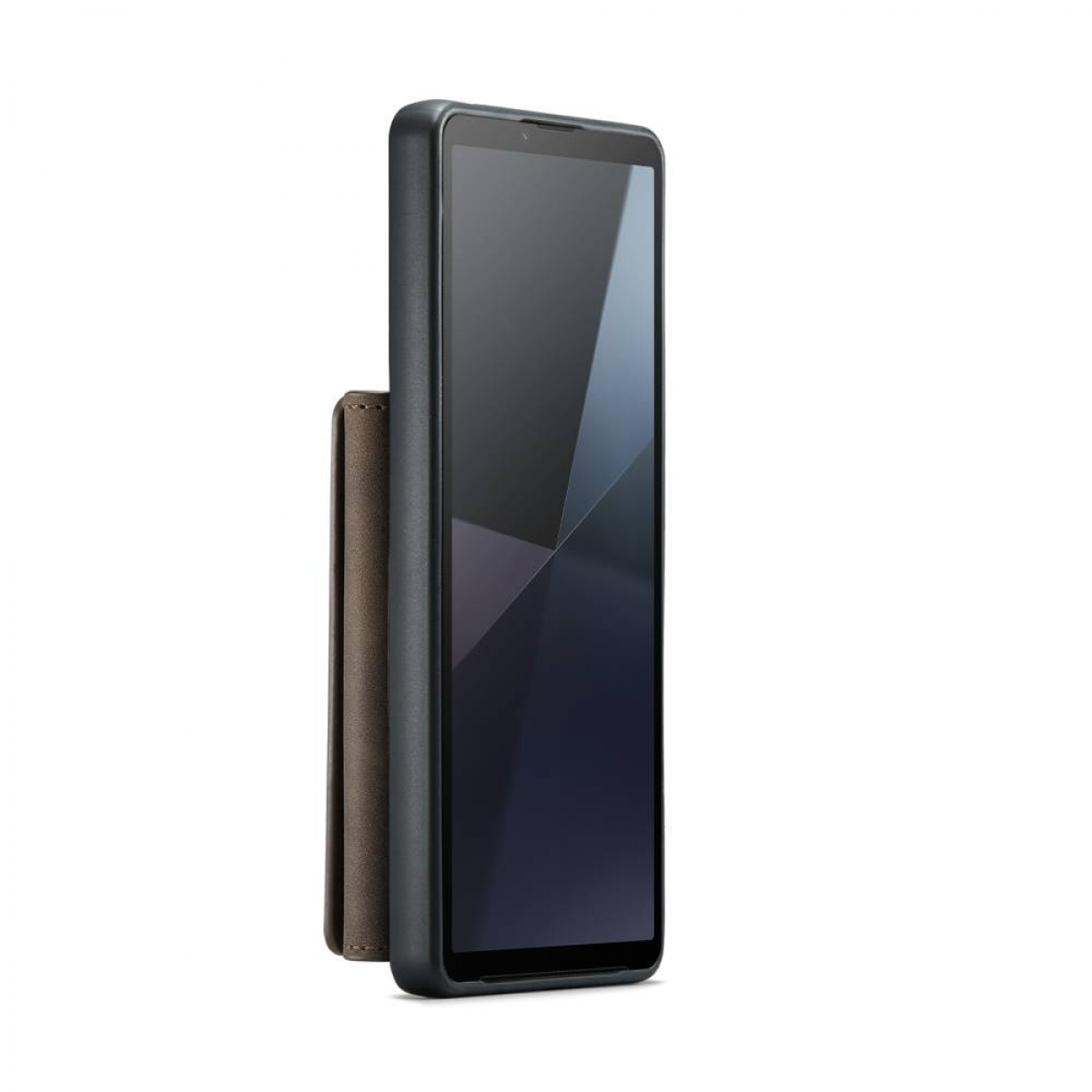 Ein Smartphone, in einem Gehäuse, das sich an einem braunen Lederetui abstützt. Der Bildschirm ist dunkel.
