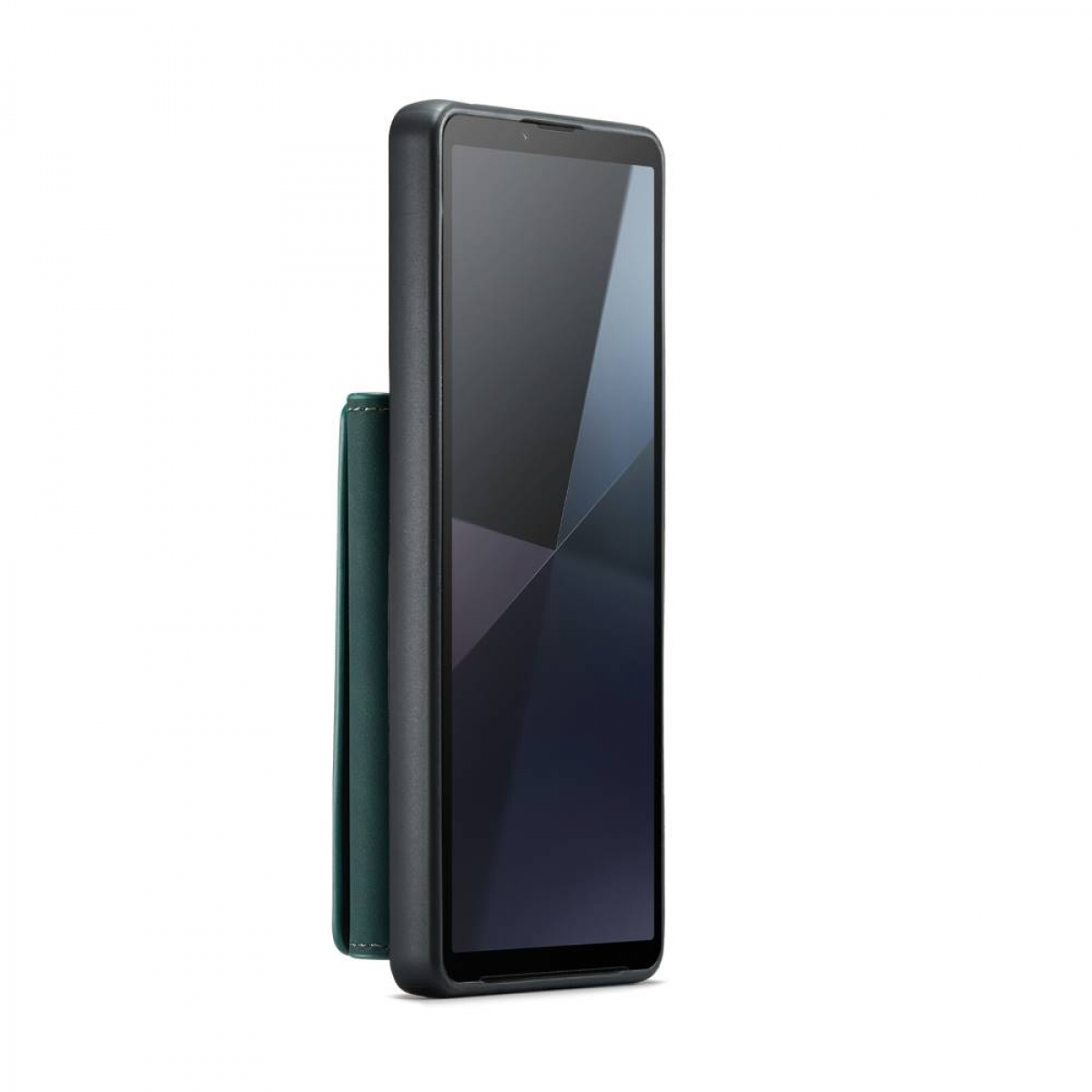 Schwarzes Telefon in einer Hülle, stehend.