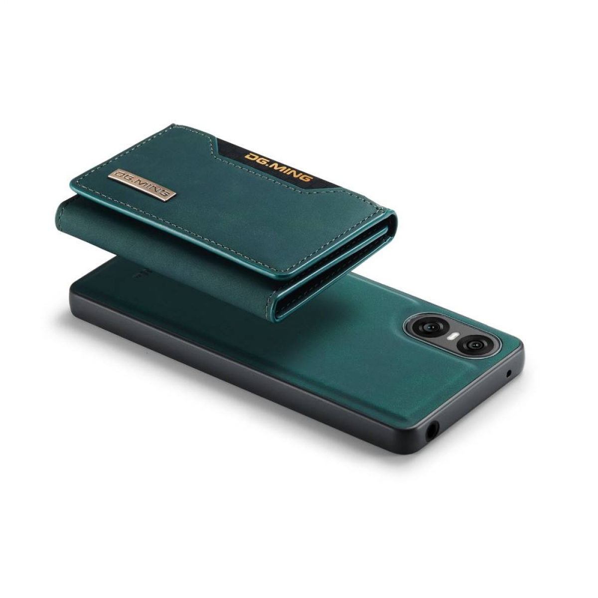 Grünes Telefon mit einer Brieftasche, die Brieftasche ist grün und gold.
