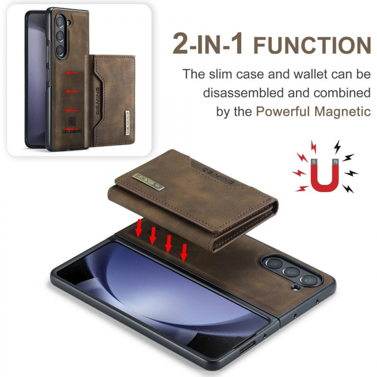 Braune Handyhülle mit Geldbörsenaufsatz. Magnetisch am Telefon befestigt.