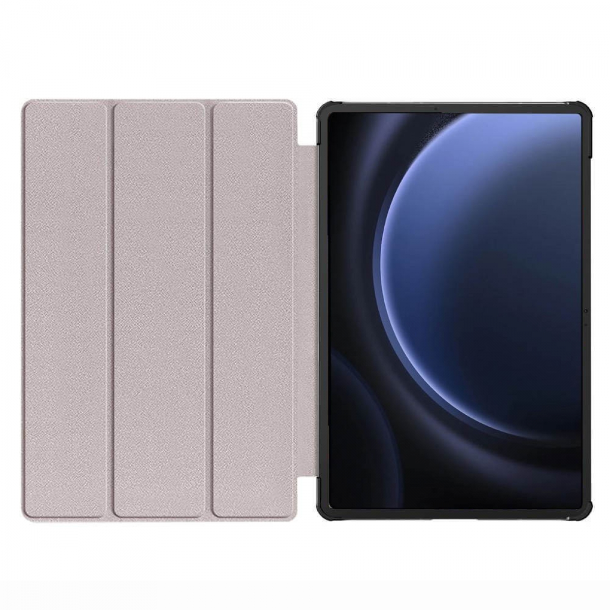 Ein Tablet in einer hellbeigen Hülle, geöffnet, um den Bildschirm anzuzeigen. Der Bildschirm zeigt einen blau-schwarzen Farbverlauf.