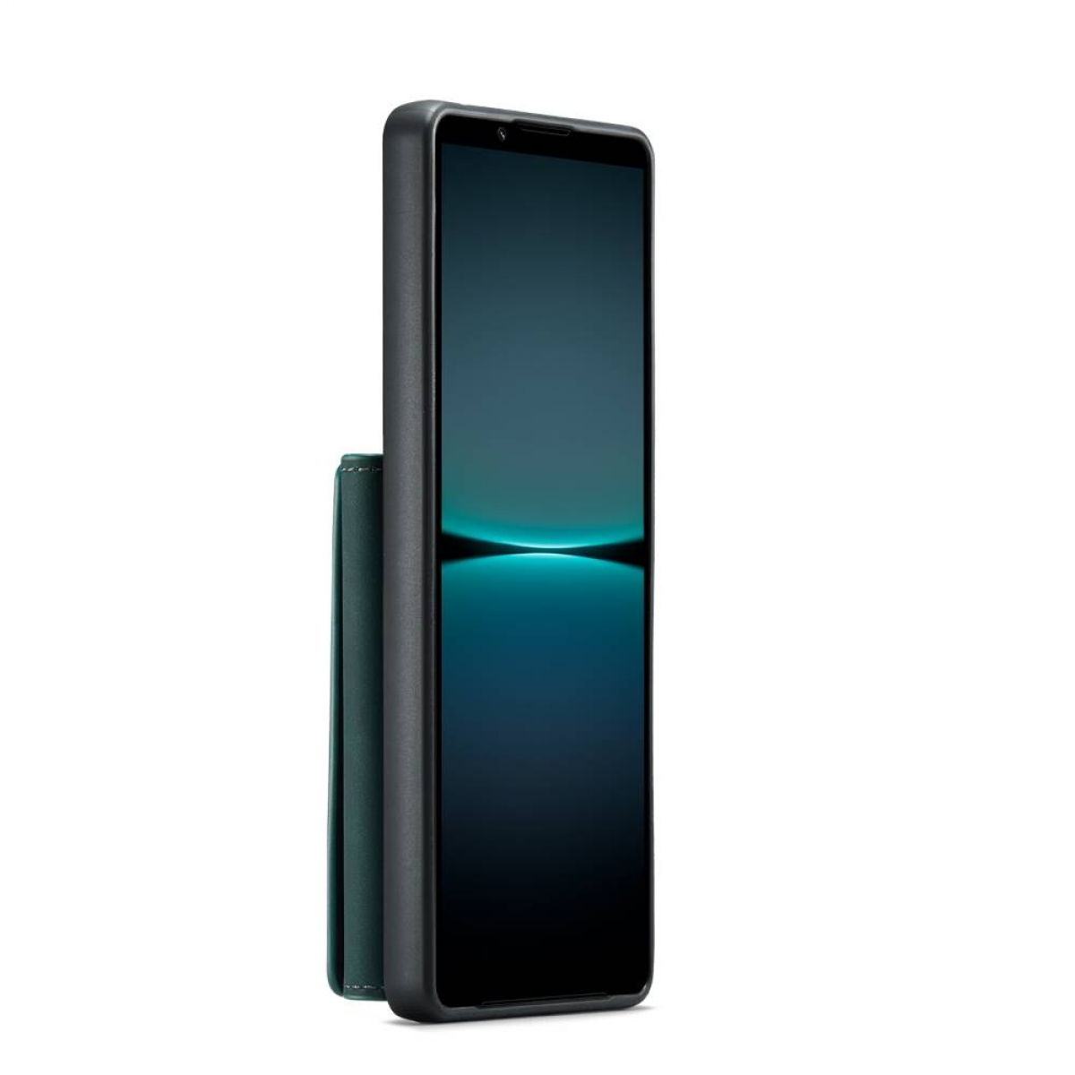 Telefon mit Hülle. Türkise Hülle mit Geldbörse. Stehend.