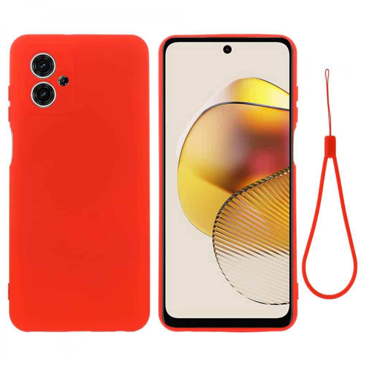 Zwei rote Handyhüllen, eine mit Telefon. Riemen befestigt.