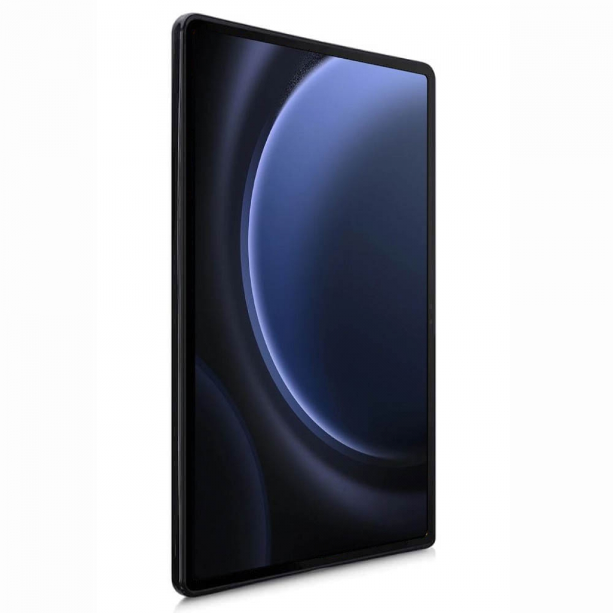 Schwarzes Tablet. Der Bildschirm zeigt einen dunkelblauen Hintergrund mit einer weißen Halbmondform.