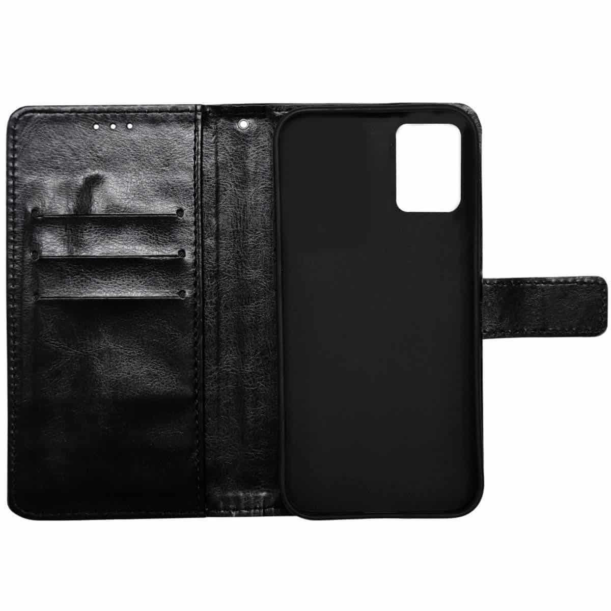 Schwarze Leder-Handyhülle im Brieftaschenstil, geöffnet, mit Kartenfächern und Telefonhalter freigelegt.