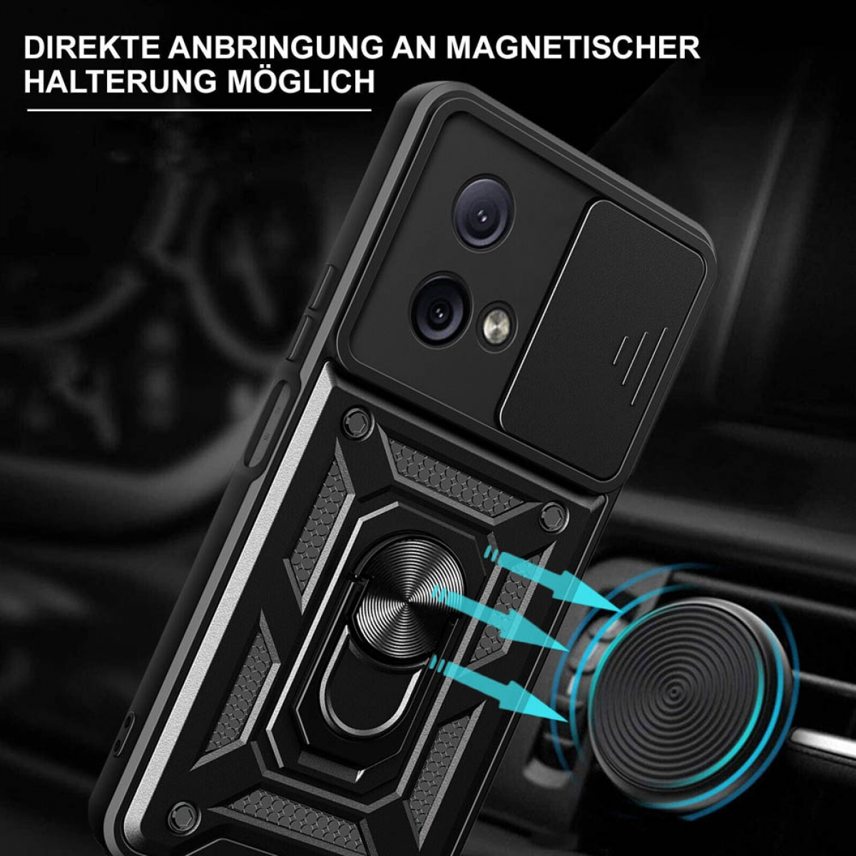 Schwarze Handyhülle mit Kameraabdeckung und Ringhalter. Pfeile zeigen magnetische Befestigung an.