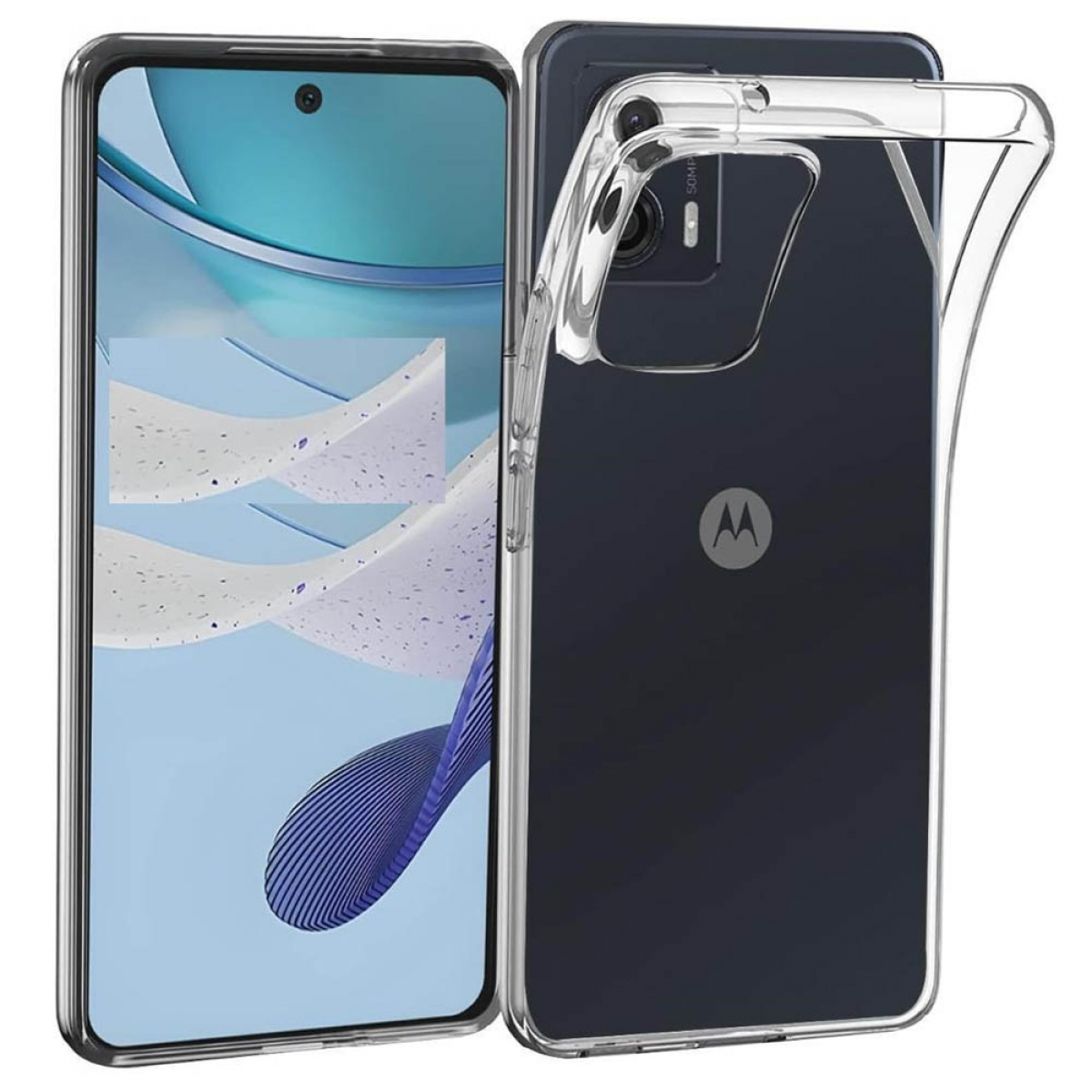 Eine transparente Handyhülle auf einem schwarzen Smartphone. Die Hülle ist durchsichtig.