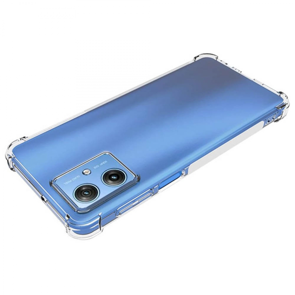 Transparente Handyhülle auf blauem Telefon. Hülle bedeckt Rückseite und Seiten.
