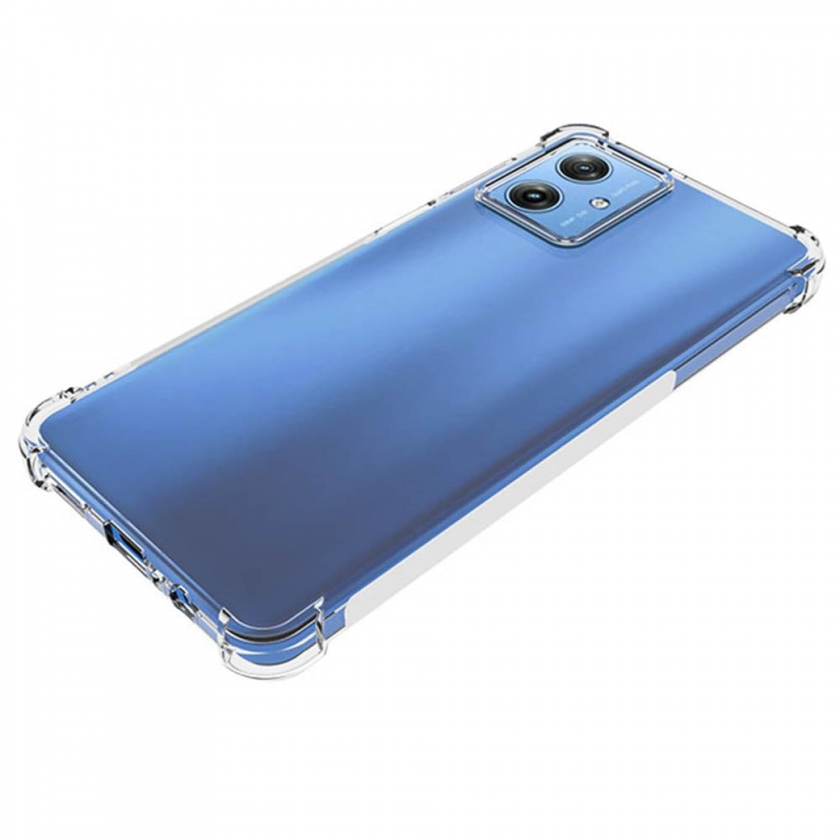 Transparente Handyhülle. Das Telefon ist sichtbar. Zwei Kameras auf der Rückseite. Auf weißem Hintergrund.