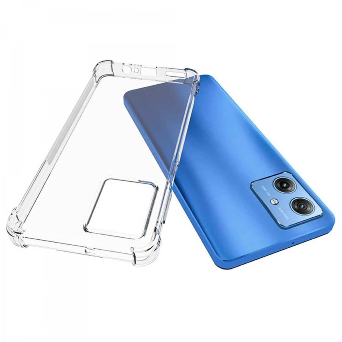Transparente Handyhülle auf blauem Telefon, zeigt die Kameras.