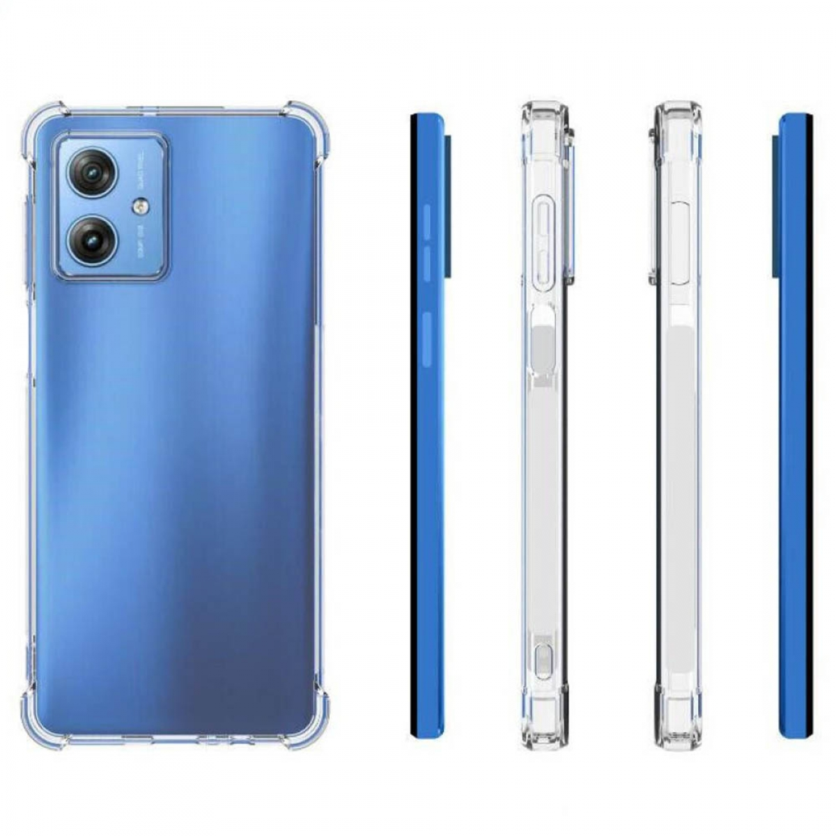 Blaues Telefon mit klarer Schutzhülle. Hülle umgibt die Telefonränder. Mehrere Blickwinkel.