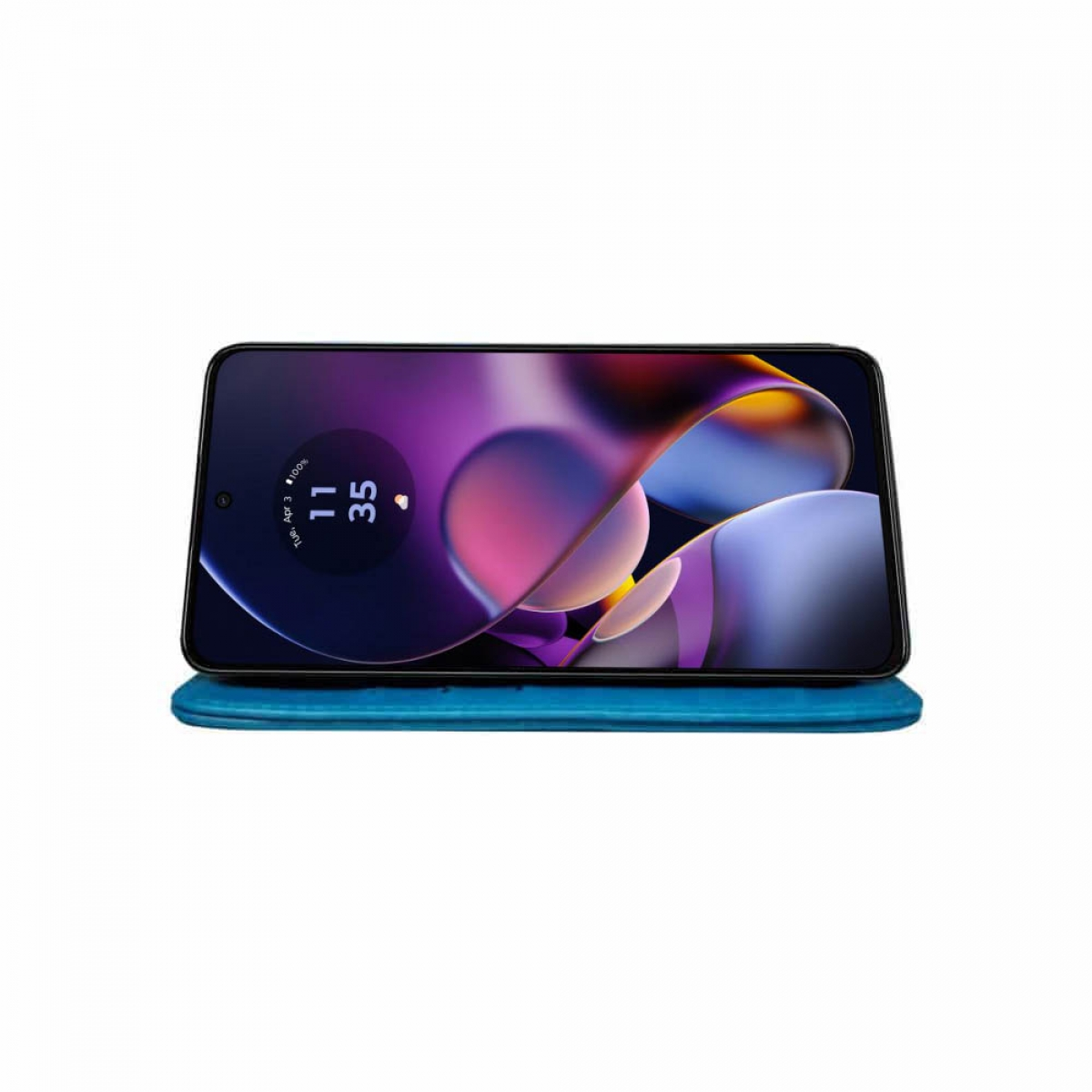 Ein Smartphone in einem blauen Gehäuse. Der Bildschirm zeigt ein lila und blaues Design. Das Telefon ist horizontal.