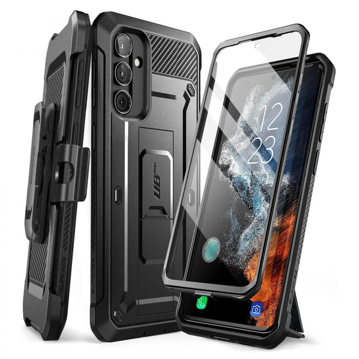 Schwarze Handyhülle mit Holster, Telefon und Displayschutz. Karbonfasermuster auf der Rückseite.