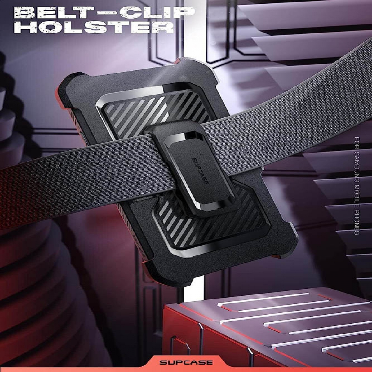 Schwarze Gürtelclip-Holster, an einem grauen Gürtel befestigt. Die Holster hat ein strukturiertes Design.