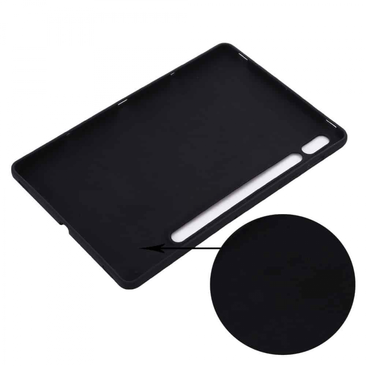 Schwarze Tablethülle, zeigt die Innenseite und eine Nahaufnahme der Textur.