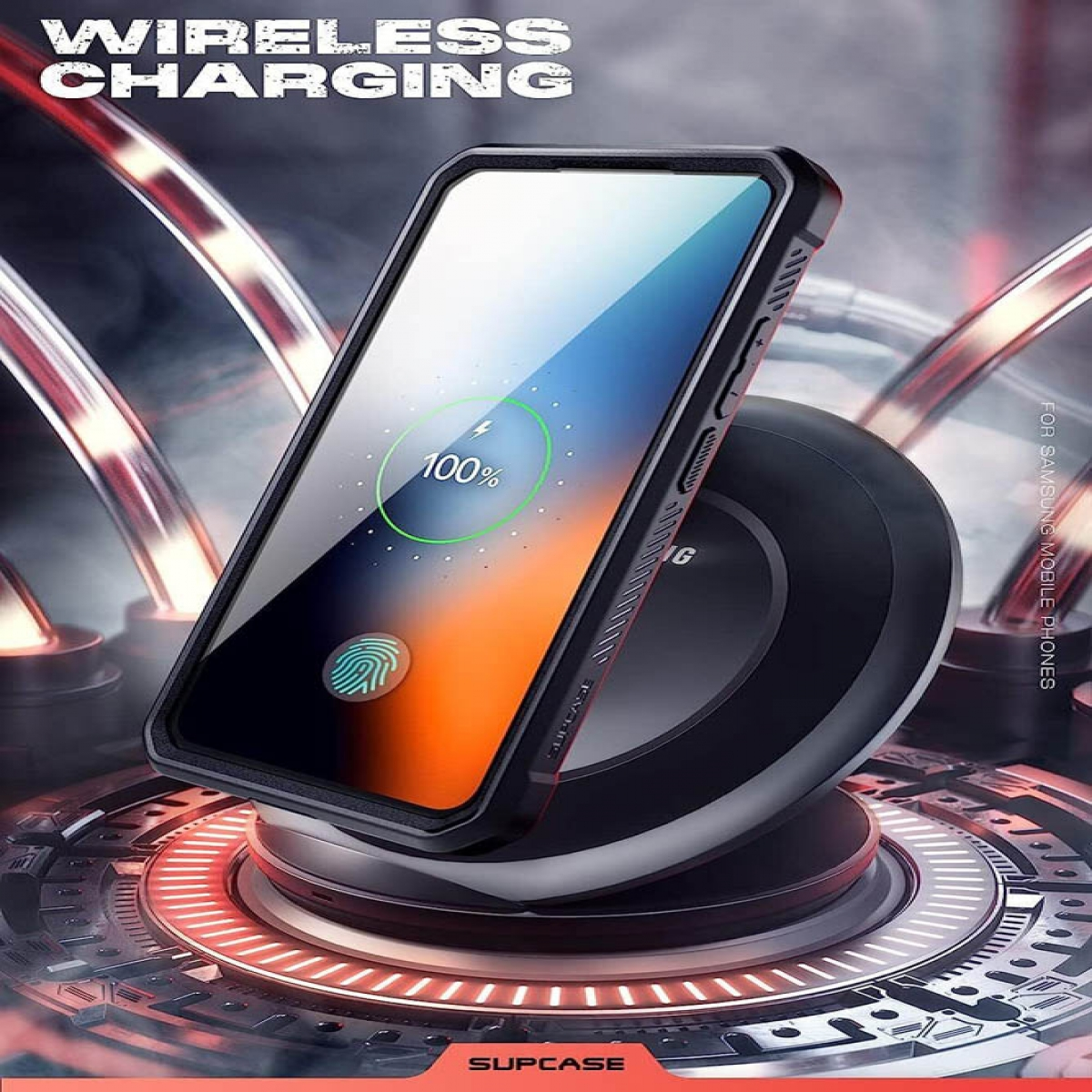 Telefon auf einem kabellosen Ladegerät. Der Telefonbildschirm zeigt 100% Akku und ein Fingerabdrucksymbol.