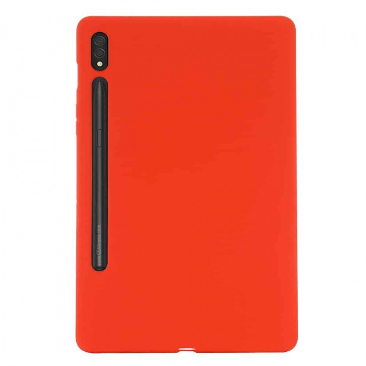 Rotes Tablet mit schwarzem Stift. Das Gerät ist schlicht rot, mit einem schwarzen Stift an der Seite. Weißer Hintergrund.