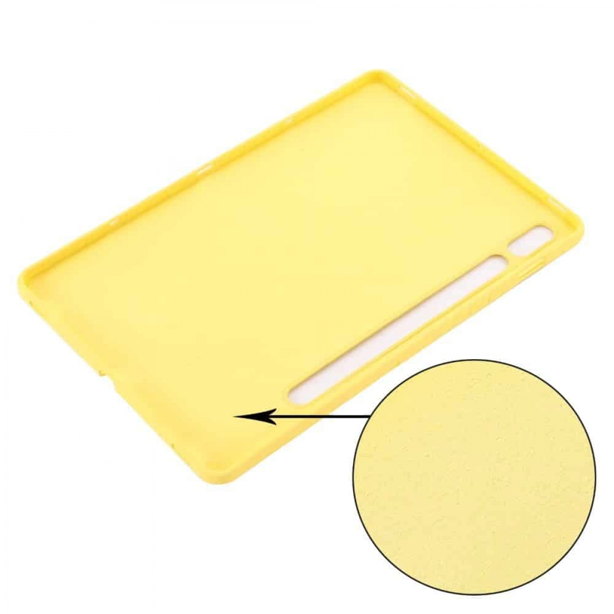 Gelbe Tablethülle mit einem kleinen kreisförmigen Detail. Die Hülle ist rechteckig mit abgerundeten Ecken.