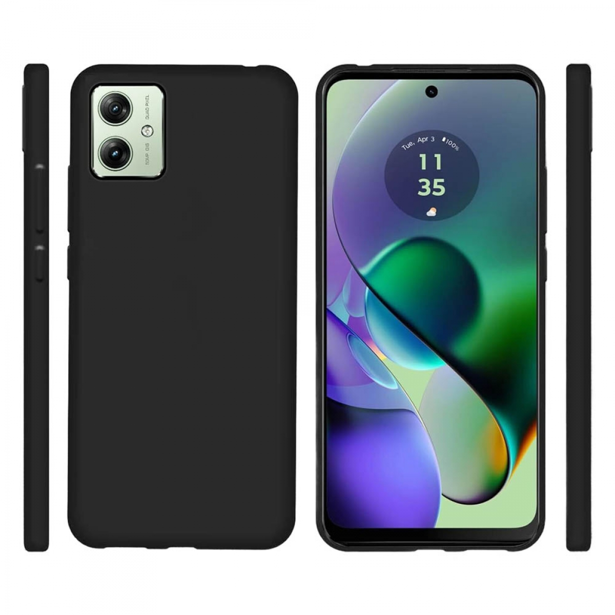 Schwarzes Telefon mit schwarzer Hülle und einem Telefonbildschirm mit grünem Hintergrund.