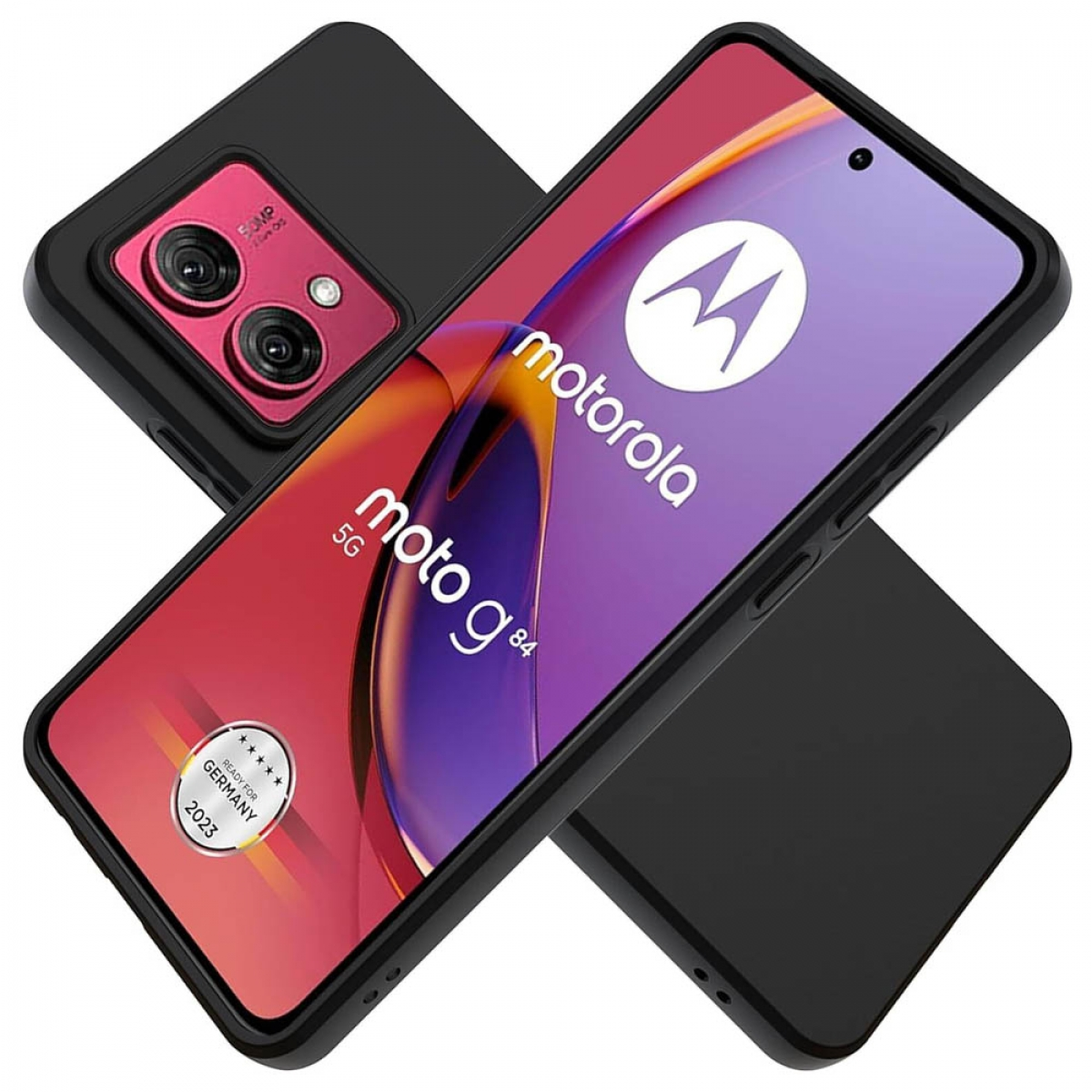 Schwarze Handyhülle. Das Telefon ist sichtbar. Zwei Kameras. Die Hülle hat die Worte "moto g84" drauf. Weißer Hintergrund.