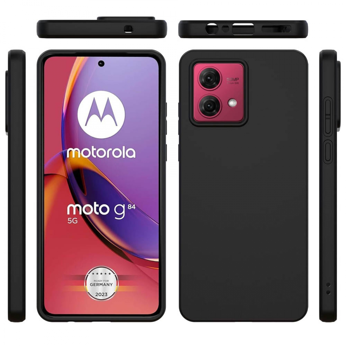Eine schwarze Handyhülle mit einem Telefon darin. Das Telefon ist schwarz, mit einem rosa Kamerabereich.