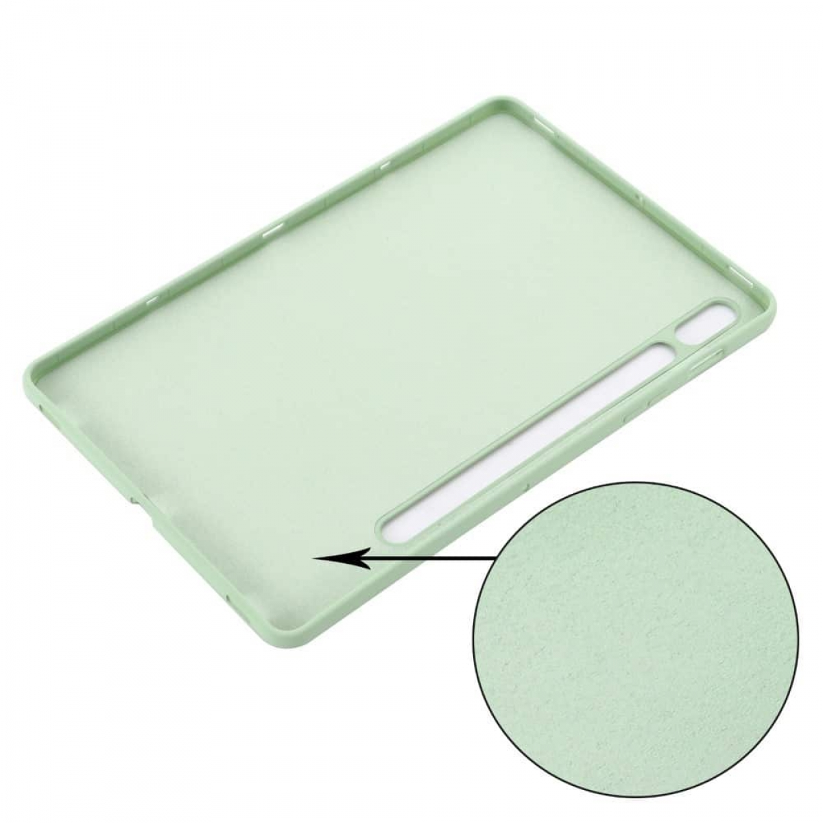 Hellgrüne Tablethülle. Nahaufnahme zeigt die Textur des Hüllenmaterials.