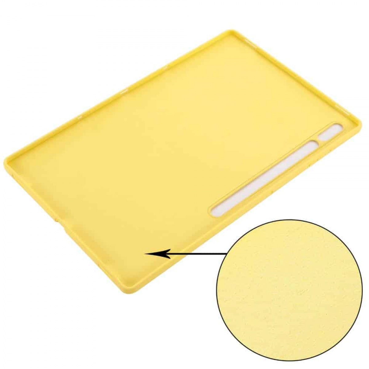 Eine gelbe Tablethülle mit einem Detail der Oberfläche mit einem Pfeil darauf.