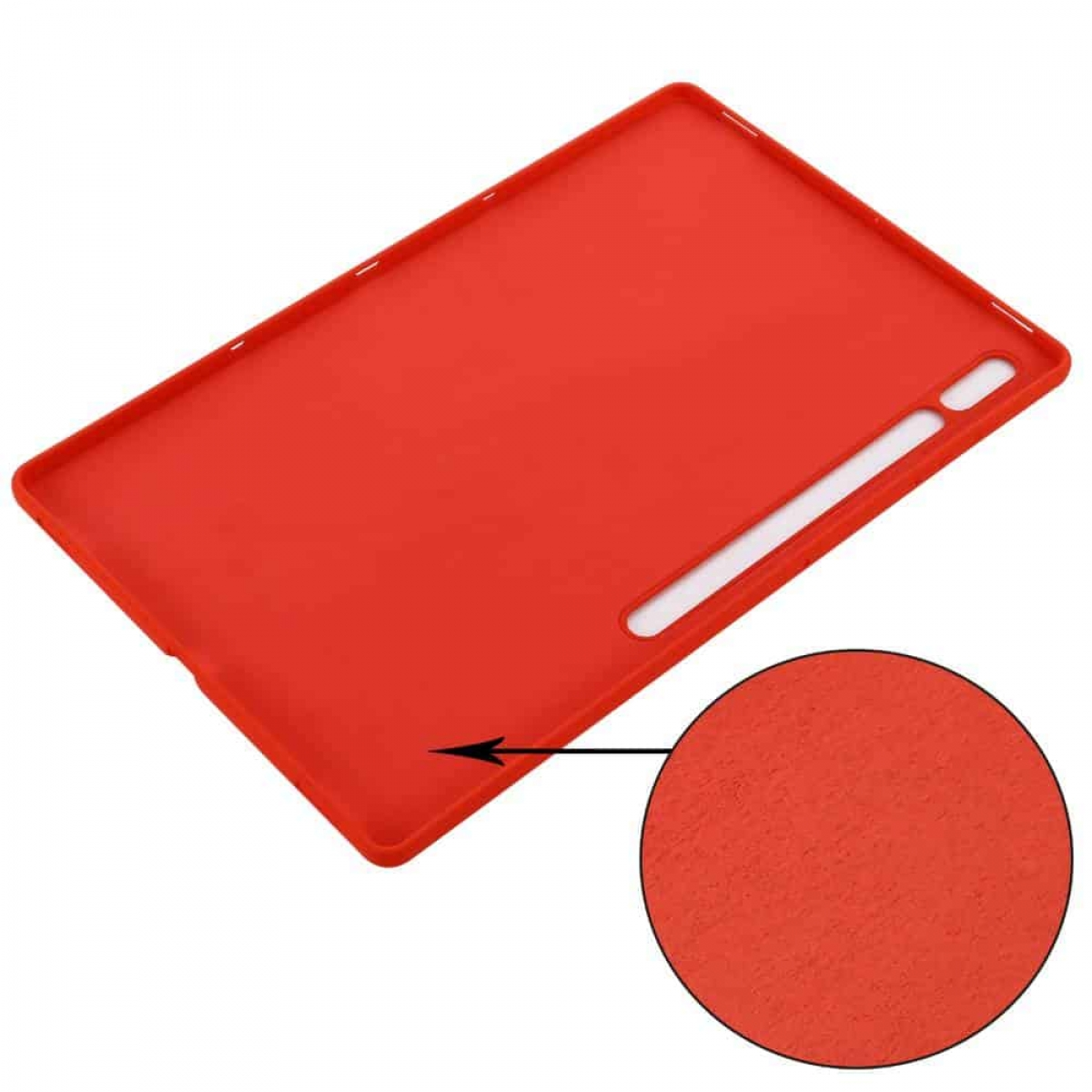 Rote Tablethülle mit Nahaufnahme einer strukturierten Oberfläche. Weißer Ausschnitt für den Stift. Isoliert auf Weiß.