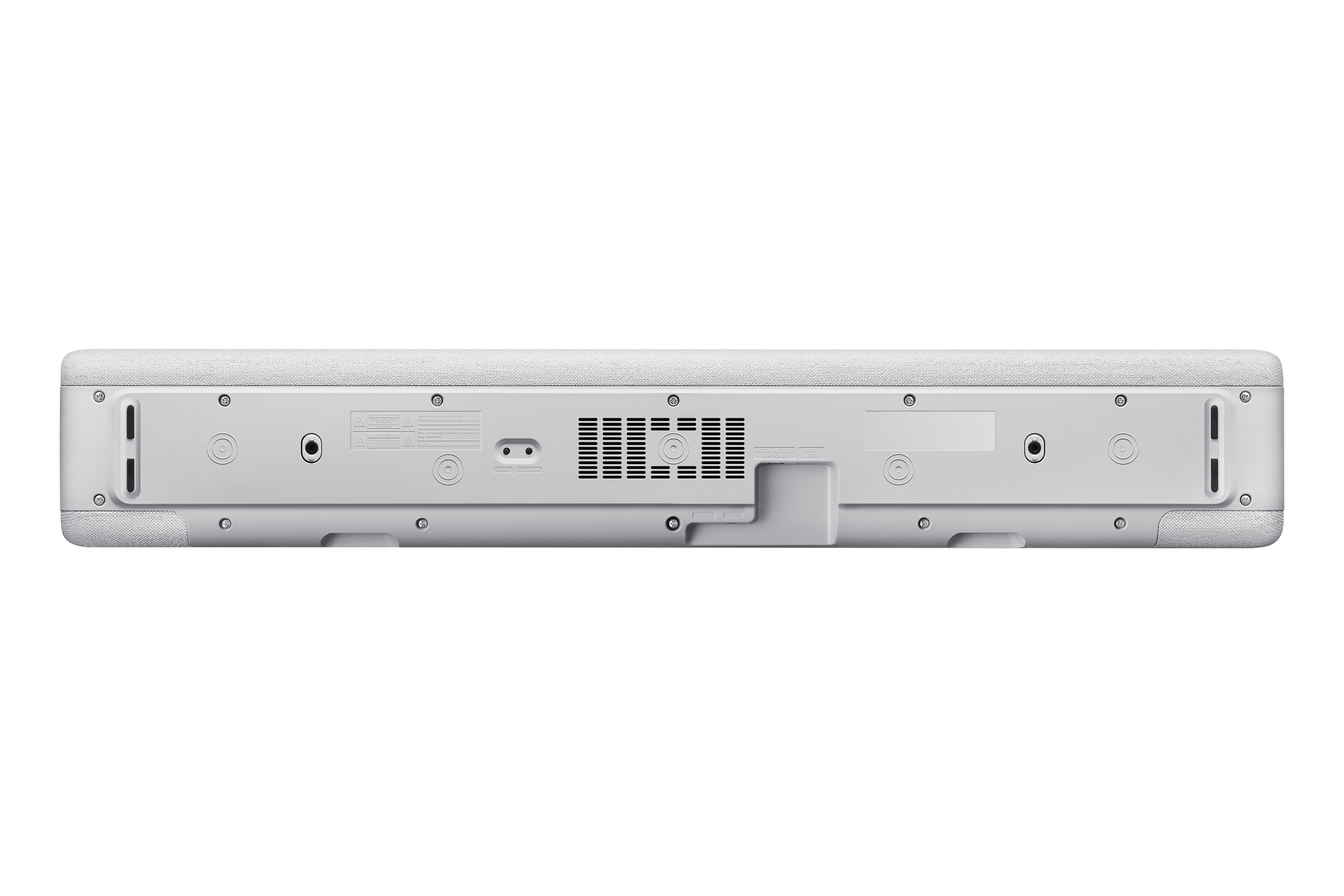Soundbar bianca, vista posteriore. Varie porte ed etichette sul pannello posteriore.