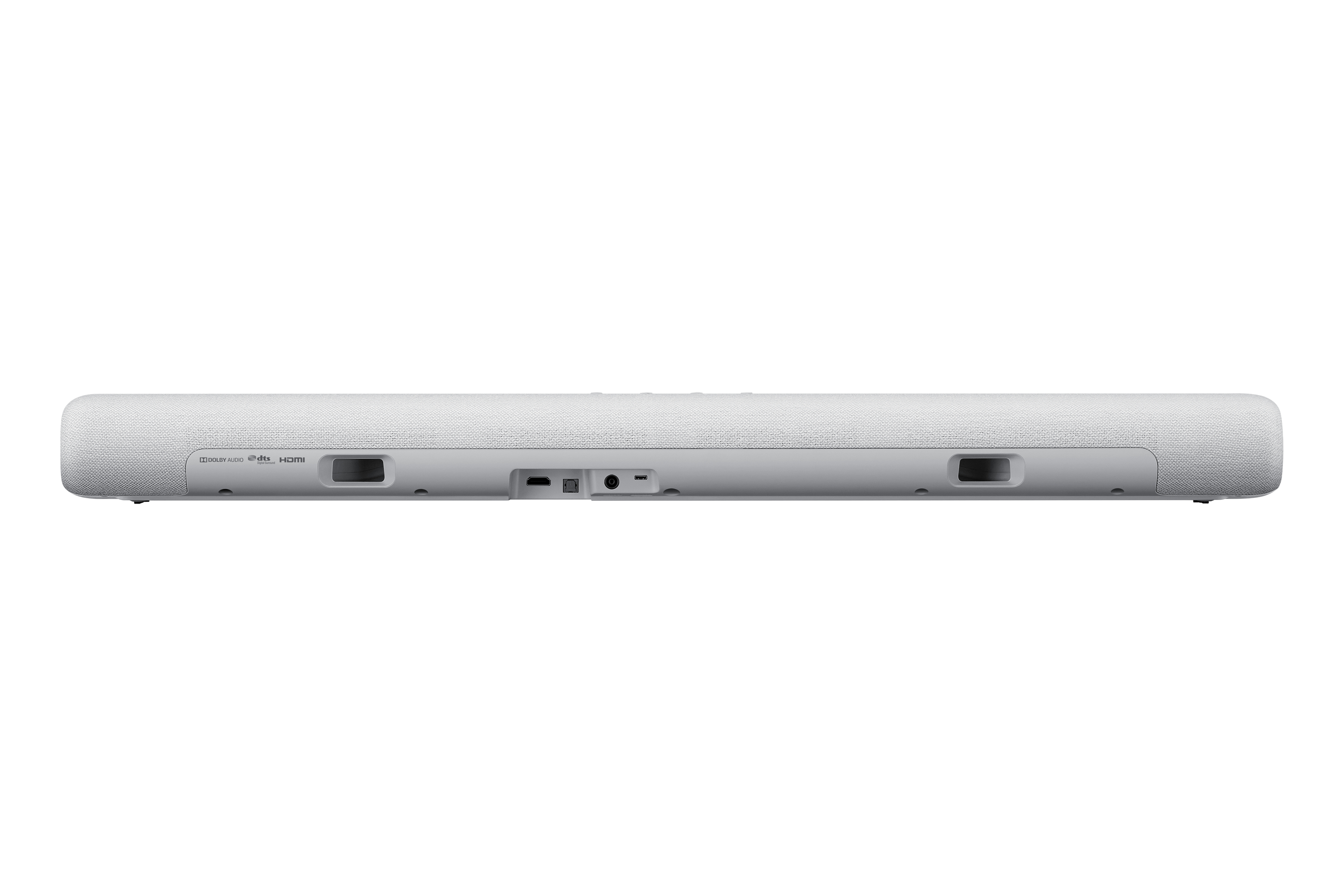 Parte posteriore di una soundbar bianca. Sono visibili le etichette Dolby Atmos e HDMI.