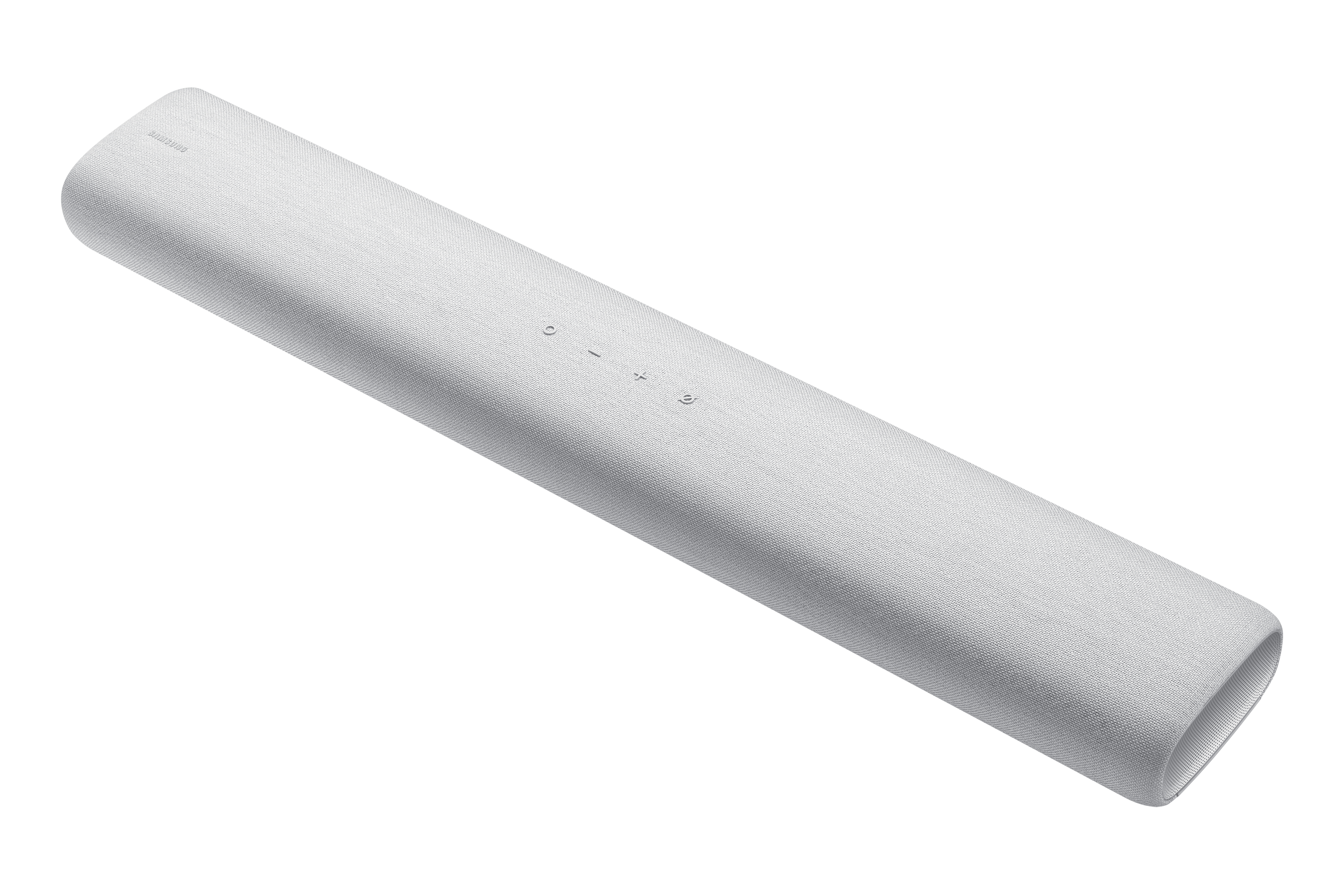 Una soundbar bianca con tre pulsanti sulla parte superiore. Ha una copertura in tessuto ed è leggermente angolata.