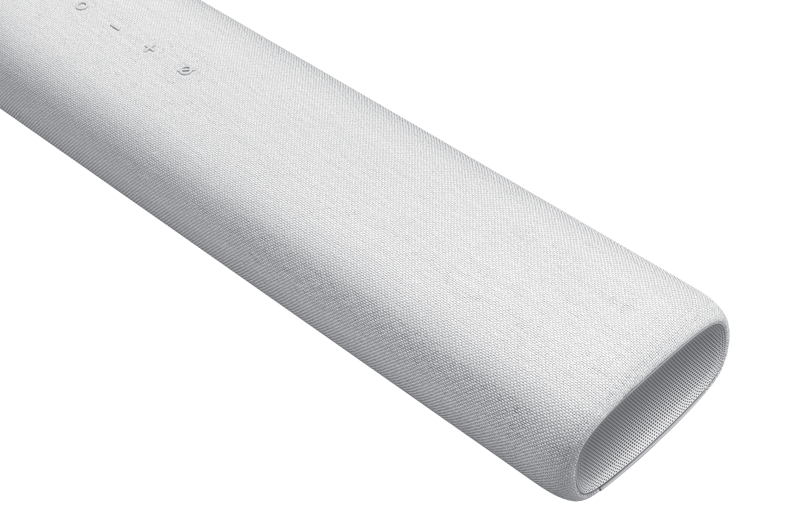 Un primo piano di una soundbar bianca. L'estremità ha una forma arrotondata.