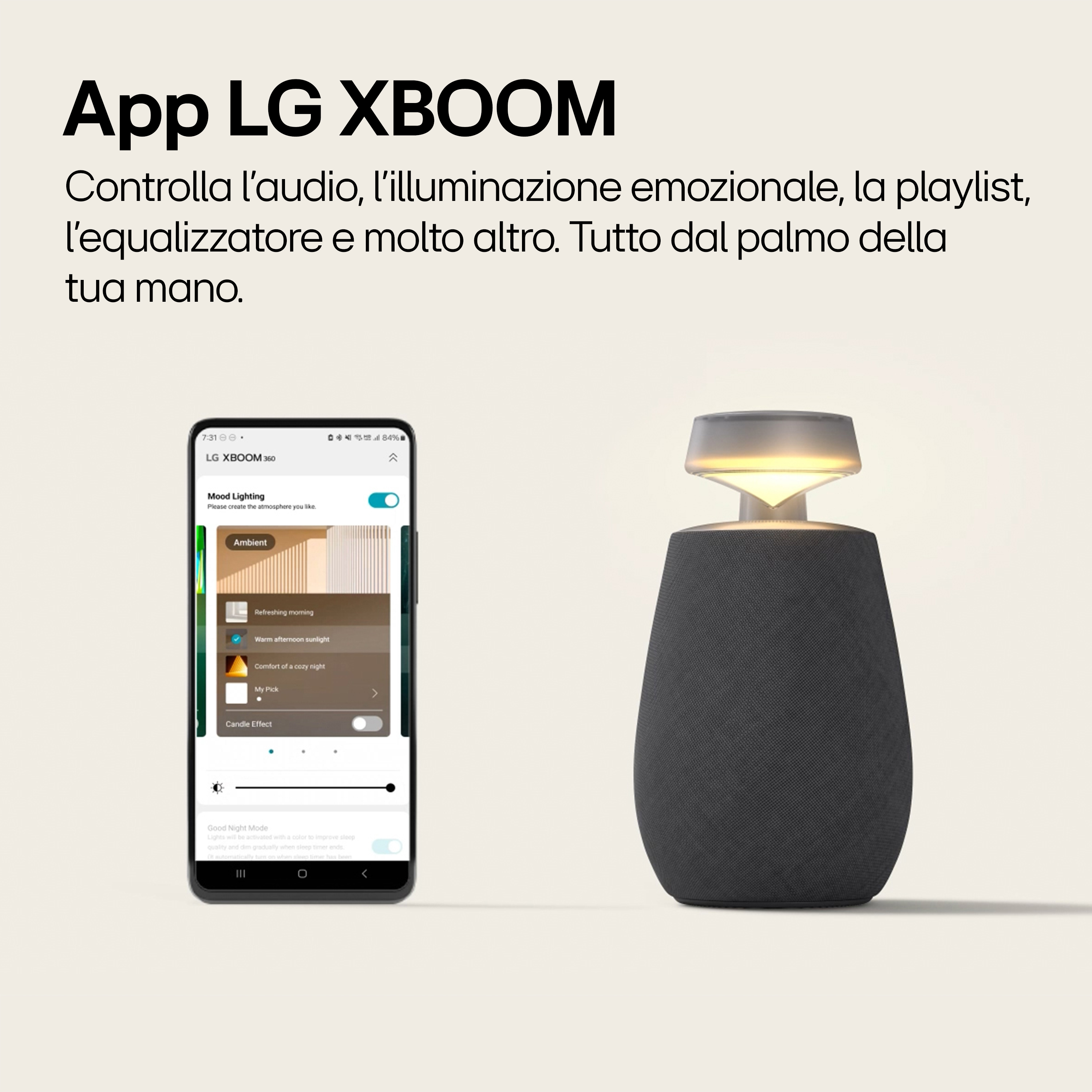 LG XBOOM-luidspreker met een smartphone die de app-interface toont.