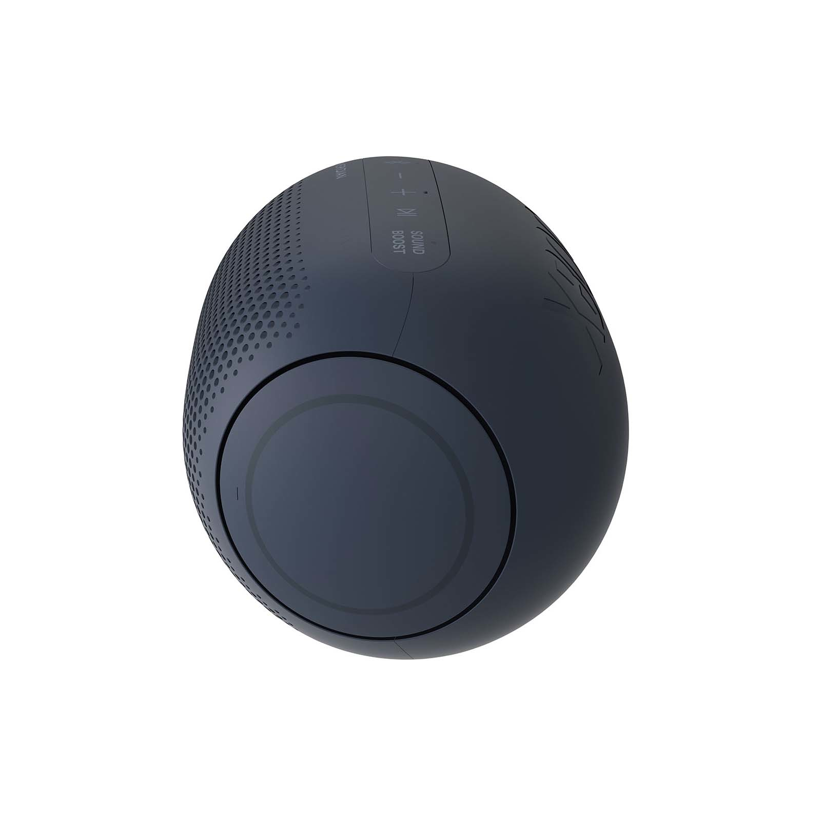 Ciemnoniebieski głośnik w kształcie owalu z elementami sterującymi i logo, na białym tle.