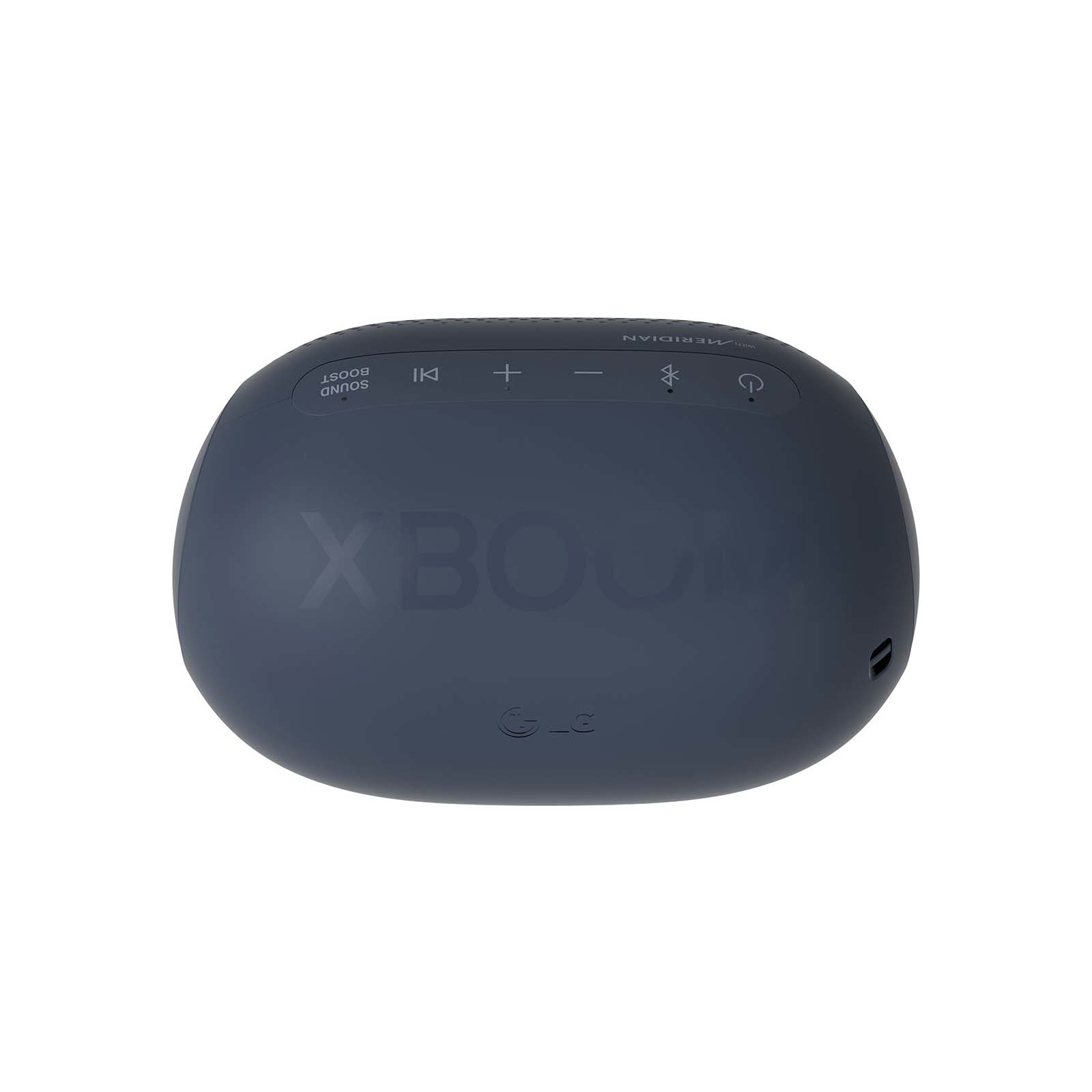 Ciemnoniebieski głośnik z przyciskami sterowania, marką LG i Meridian. Na białym tle.