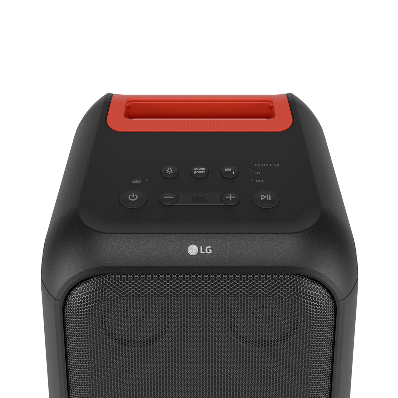 Altavoz Bluetooth LG negro y rojo con botones de control en la parte superior.