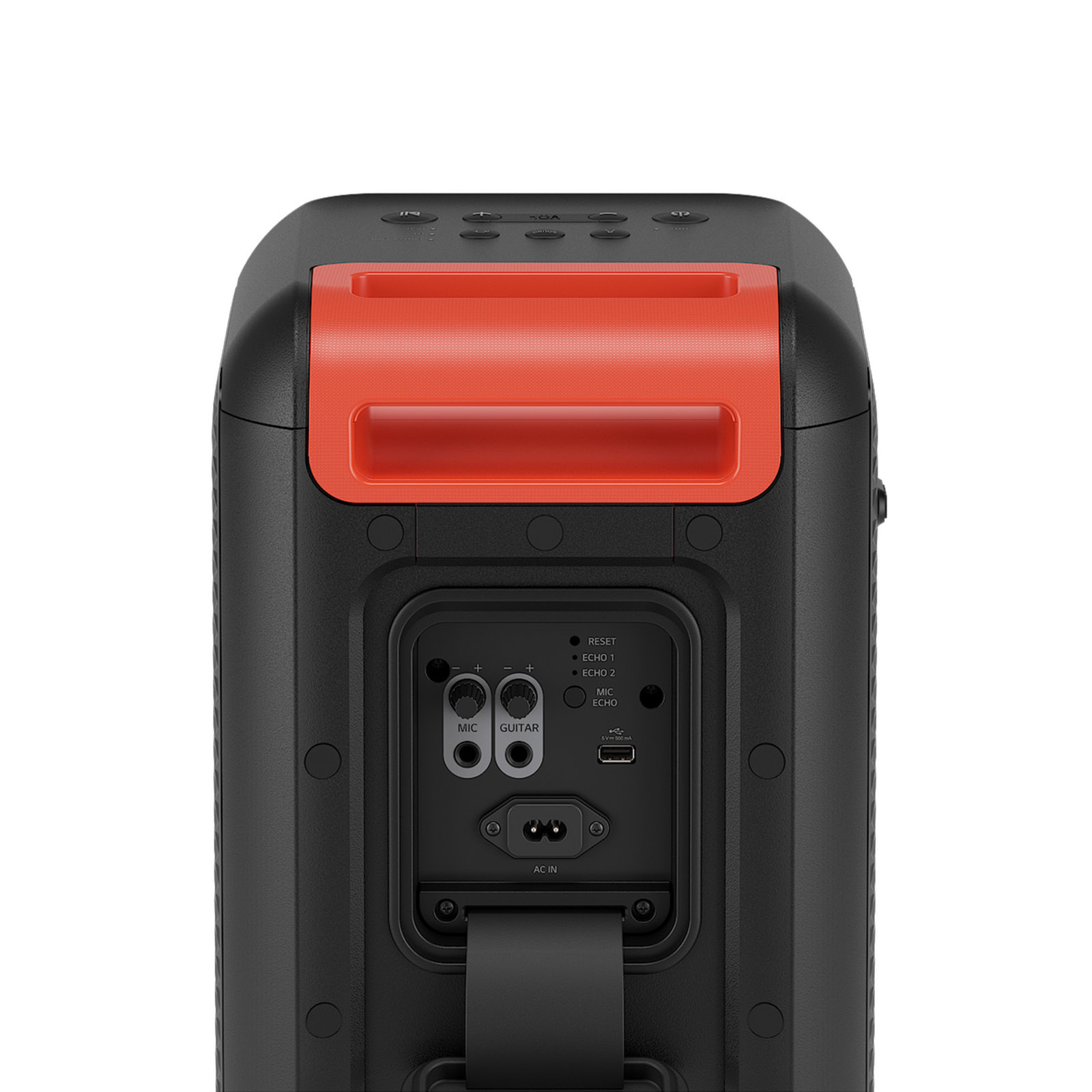 Altavoz negro y naranja. Vista trasera con entradas y botones de control.