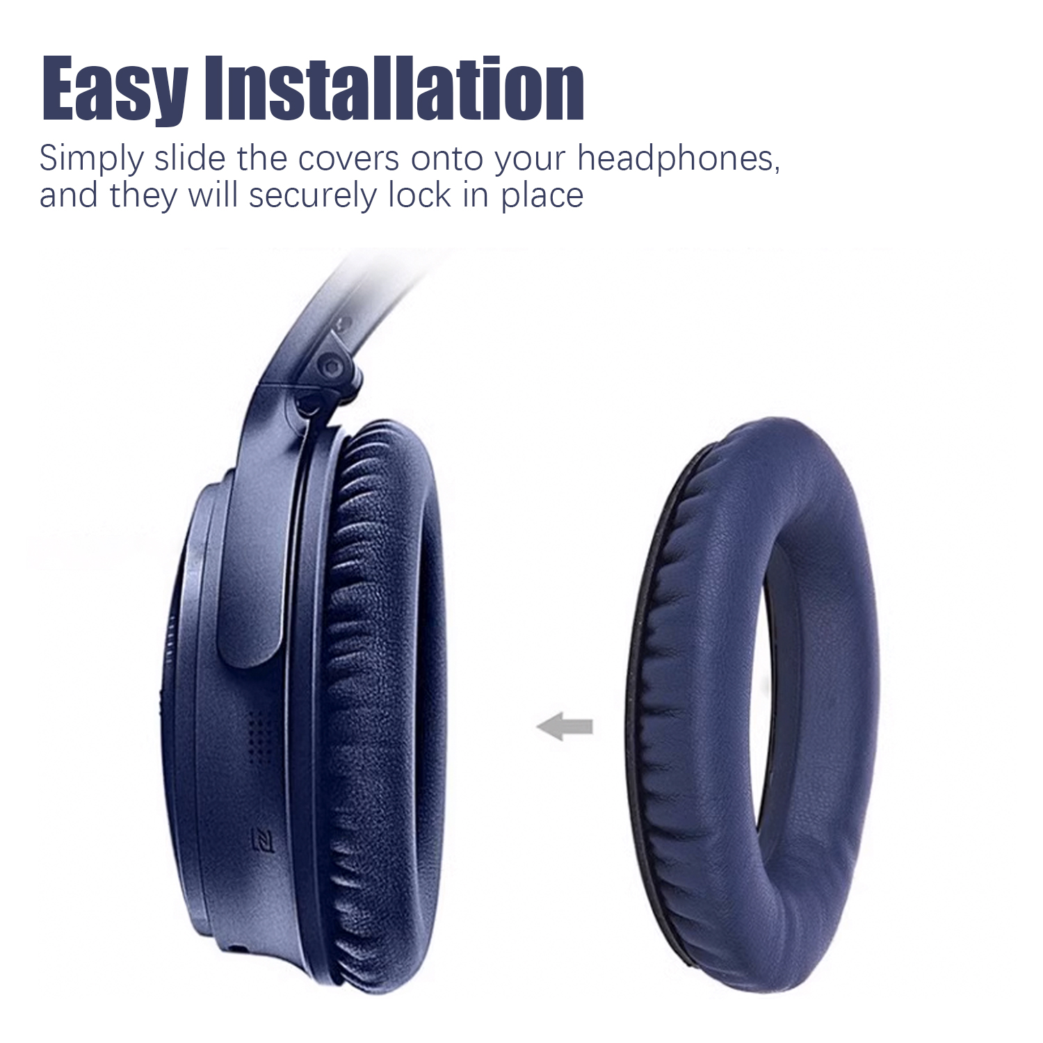 Słuchawki z niebieskimi poduszkami. Poduszka jest instalowana. Tekst łatwej instalacji.