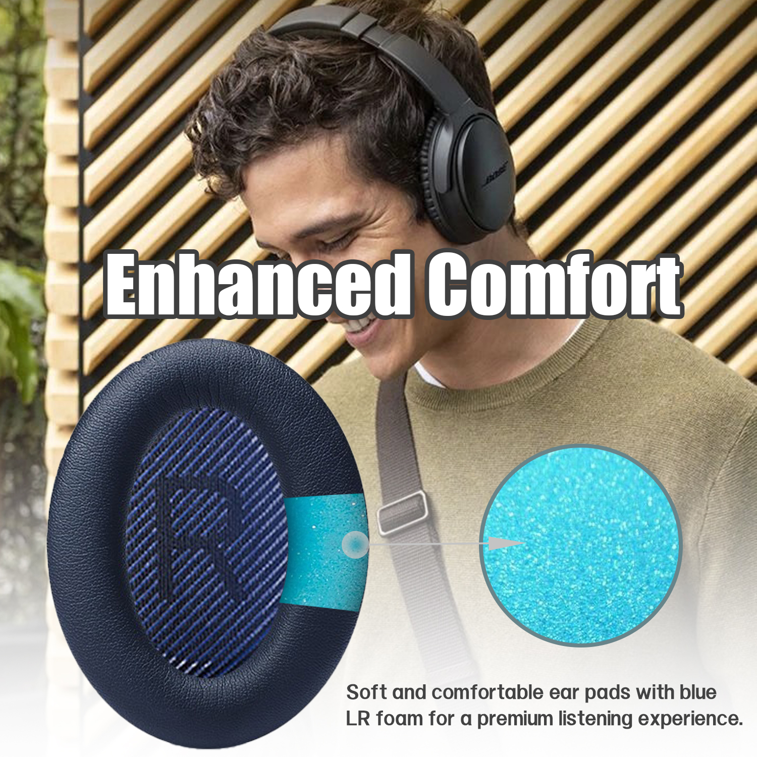 Mężczyzna w słuchawkach, szczegóły nauszników, niebieska pianka, tekst: Zwiększony komfort.