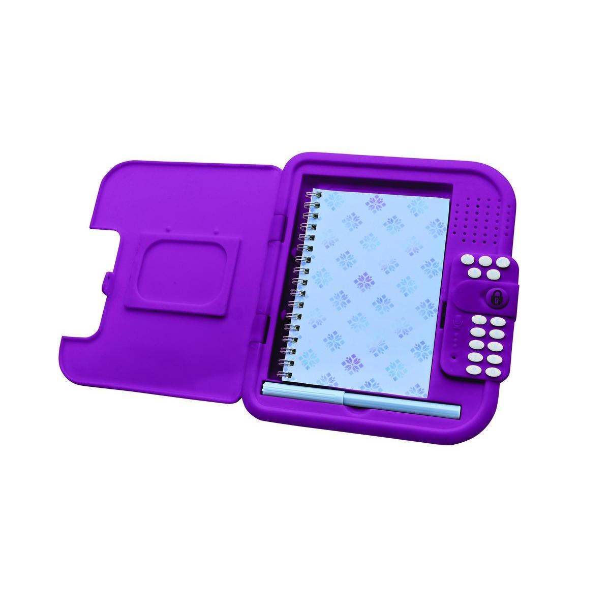 Fioletowy dziennik z zamkiem i przyciskami. Jest otwarty, widać notatnik w środku.