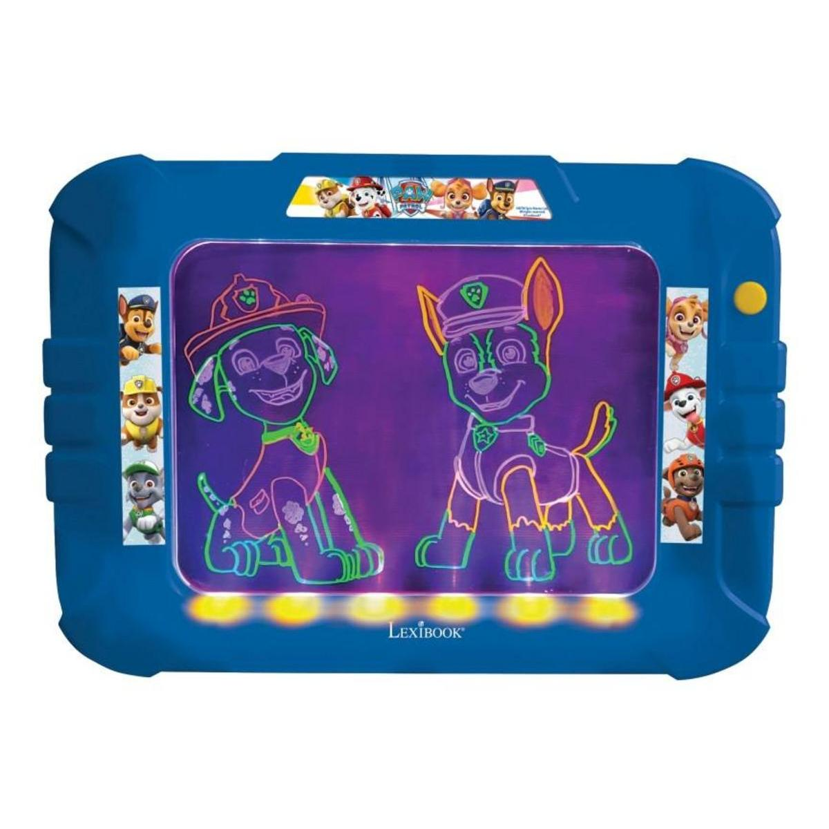 Tablero de dibujo azul con personajes de Paw Patrol y un logotipo de Lexibook.