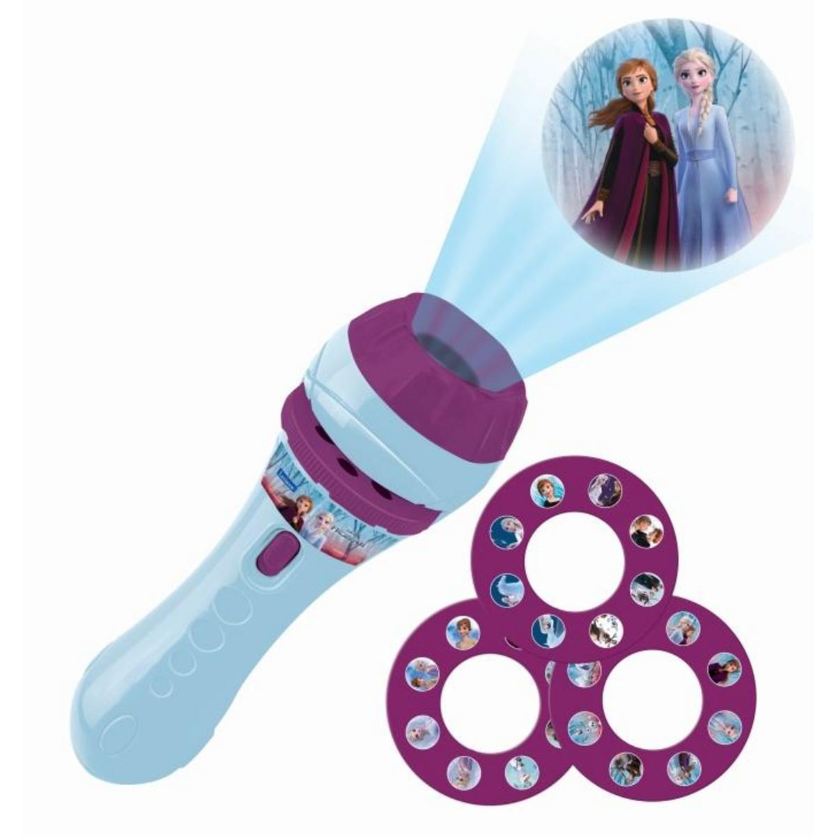 Proyector de juguete Frozen azul y morado que proyecta imágenes de Anna y Elsa.