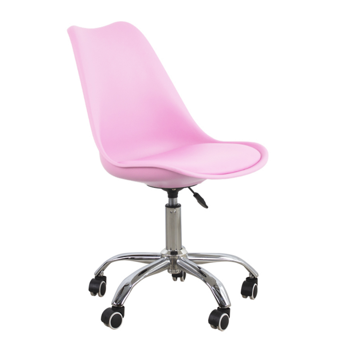 Pink swivel chair with silver legs and casters. It is set against a white background.