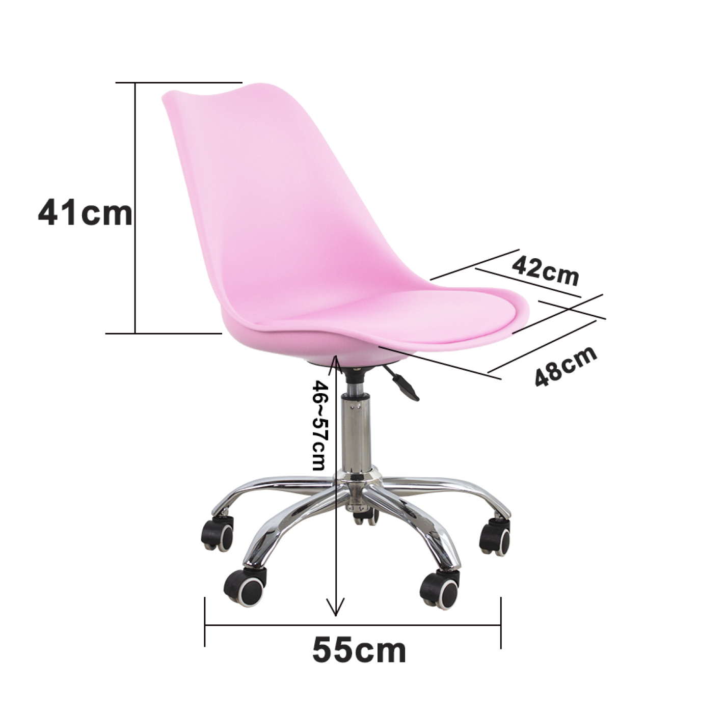 Pink chair with dimensions. It has a chrome base with wheels and a pink seat.